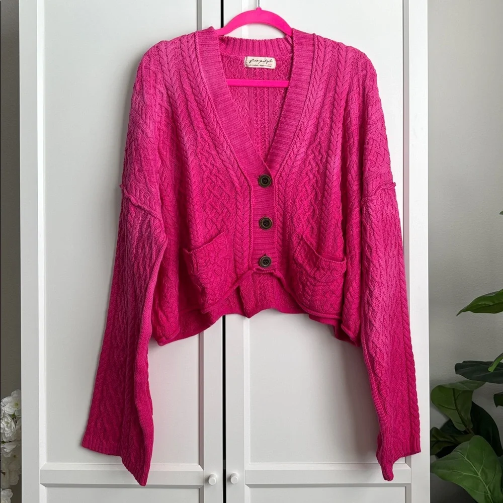 NWOT Free People Washed Ashore Cardi, Hot Pink Combo, XS